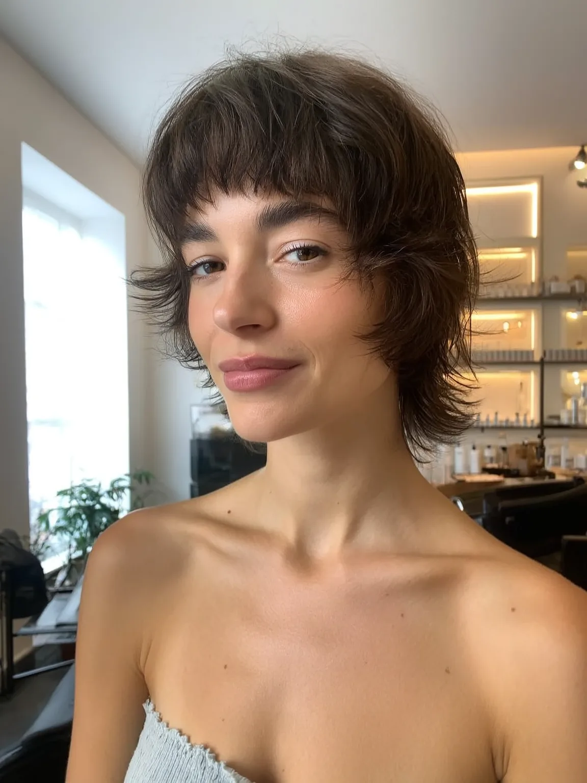 Textured Short Shag in Warm Chestnut Brown with Micro Bangs
